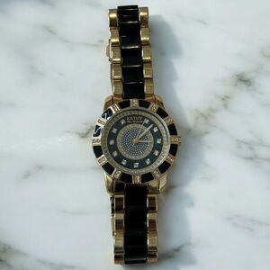 KATHY Van Zeeland Womens Gold Tone & Black Rhinestone Watch